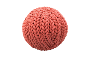 Close-up of a knitted sphere in red. It showcases intricate weaving patterns and soft texture, perfect for design and textile projects. png