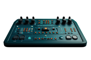 Close-up view of an audio mixer control panel with various knobs and buttons, ideal for music production and sound engineering. png