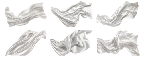 Collection of six isolated white fabric pieces in various floating and flowing positions, perfect for design and artistic projects. png