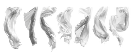 Collection of six white fabric sheets floating in mid-air. High-resolution image perfect for design projects, backgrounds, or artistic concepts. png