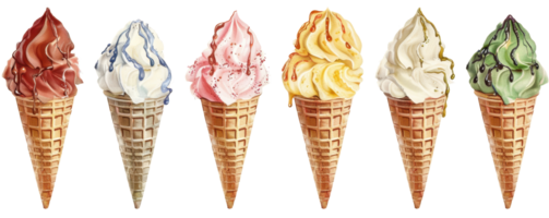 Colorful ice cream cones with various flavors arranged in a row. Ideal for summer, dessert, and sweet treat concepts. png