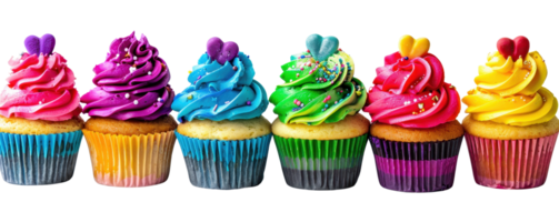 Colorful cupcakes with vibrant icing in various designs lined up against a transparent background. showcasing an array of sweet treats. png