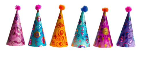 Colorful party hats with vibrant designs, perfect for celebrations, birthdays, and festive occasions. Assortment of six hats with unique patterns. png