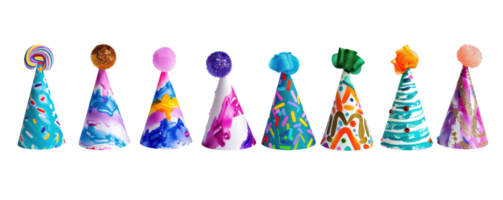 Colorful party hats with various designs and patterns lined up in a row. Perfect for celebrations, birthdays, and festive gatherings. png