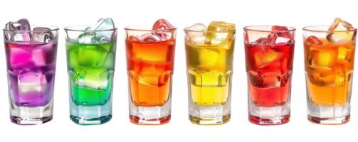 Colorful assortment of various fruity drinks in clear glasses with ice cubes, perfect for summertime refreshment and parties. png