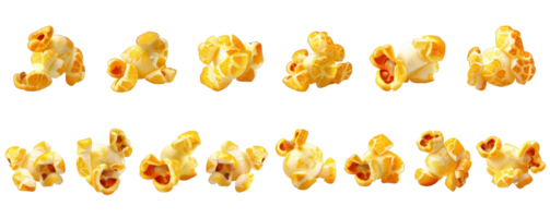 Crispy, golden popcorn kernels isolated on a transparent background. showcasing different shapes and sizes. Perfect snack for movie nights. png
