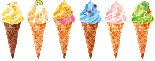 Colorful illustration of six different ice cream cones, each with a unique flavor, in a row on a transparent background. png