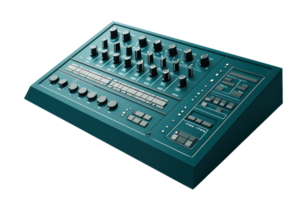 Electronic music production synthesizer with multiple knobs and buttons, providing a retro aesthetic in a modern design. png