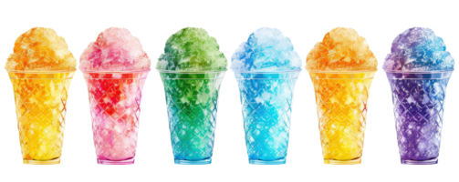 Colorful assorted flavored snow cones in cups arranged in a row. Perfect summer treat. Bright and refreshing frozen desserts. png