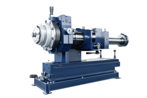 High-precision industrial blue lathe machine used for metalworking and manufacturing in a factory or workshop environment. png
