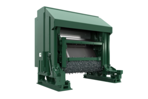 Green industrial machinery for material sorting and processing, showing mechanical equipment in a clean, isolated environment. png