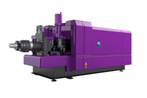 High-tech industrial injection molding machine in vibrant purple color, used for manufacturing plastic products in a factory setting. png