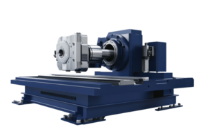 Industrial CNC lathe machine on white backdrop, designed for precision metalworking processes in manufacturing environments. png