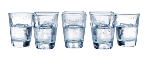 Five glasses filled with water and ice cubes placed in a row, showcasing refreshing and cool beverage presentation, isolated on a transparent background. png