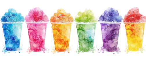 Colorful row of six slushy drinks in vivid rainbow colors isolated on transparent background. perfect for refreshing summer beverages concept. png