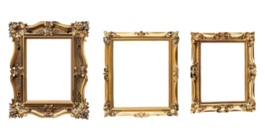 Set of three ornate golden frames in different designs and sizes, perfect for art and photography display. Isolated on a transparent background. png