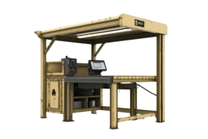 Industrial saw cutting station equipped with computerized controls. Advanced woodworking machine for precision and efficiency in material cutting. png