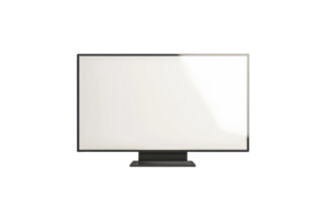 Modern flat screen with blank white display on black stand, isolated on transparent background. perfect for technology, electronics, or design projects. png