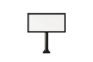 Rectangular blank advertising billboard with a black frame and stand on a transparent background, ready for custom content. png