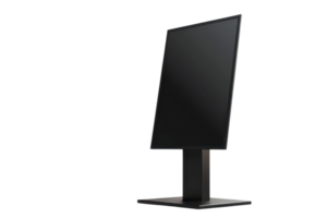 Sleek black monitor on adjustable stand, isolated on transparent background. perfect for office or home desk setup, modern and minimalist design. png