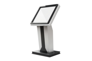 Modern self-service touchscreen kiosk for business or information display. Sleek design with user-friendly interface. png