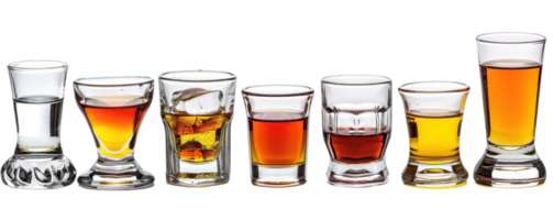 Various types of alcoholic beverages in different glasses, neatly arranged in a row showcasing drink variety and presentation. png