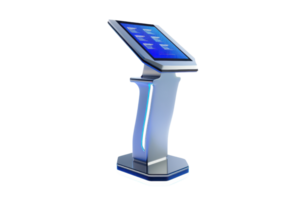 Modern digital kiosk with touchscreen display on sleek stand for interactive information, wayfinding, and self-service solutions. png