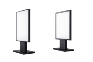 Two blank digital signage stands with white screens isolated on a transparent background. Perfect for advertising and display purposes. png