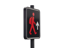 Traffic signal for pedestrians with a backpack, featuring a directional arrow. Urban safety and walking sign. png