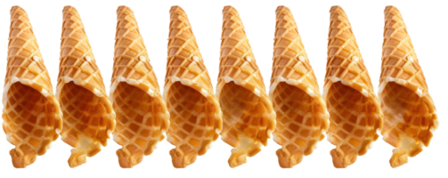 Row of empty waffle cones arranged in a line, isolated on a transparent background. ready to be filled with delicious ice cream or other treats. png