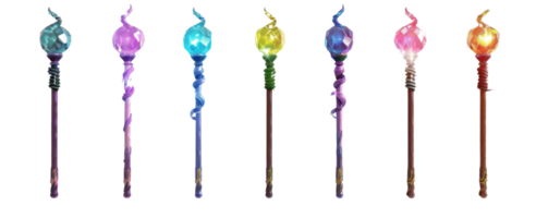 A collection of colorful, glowing magic wands in a row, each wand emitting a unique light, representing fantasy and enchantment. png