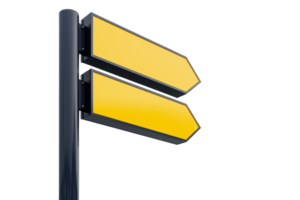 Yellow directional signpost with empty arrows indicating navigation choices on a black pole, isolated on a transparent background. png