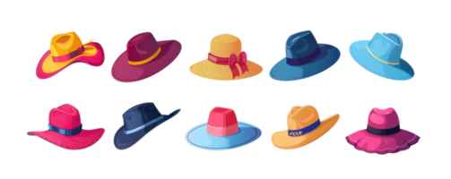 A collection of colorful summer hats in various styles, perfect for beach outings and sunny days, with vibrant designs and wide brims. png