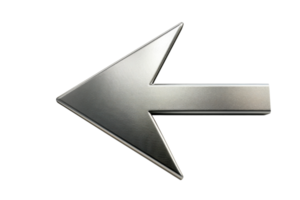 Silver metallic arrow pointing left, isolated on a transparent background. High-resolution image ideal for web design, presentations, and infographics. png