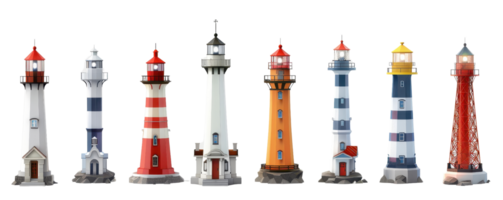 A collection of colorful lighthouse models standing in a row, showcasing various designs and colors used in maritime navigation. png