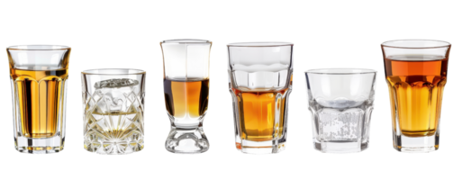 A row of six different shot glasses filled with various types of whiskey against a transparent background. showcasing diverse glassware and rich color variations. png