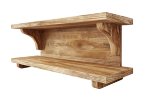 Wooden wall shelf with dual tiers and rustic design, ideal for home decor and storage solutions, enhancing both style and functionality. png