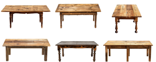 A collection of rustic wooden tables showcasing various designs and styles, perfect for home decor and furniture enthusiasts. png