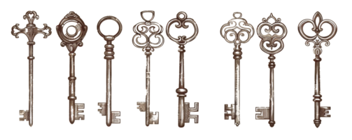 A collection of seven intricate, vintage skeleton keys arranged in a row, showcasing unique ornate designs and patterns. png