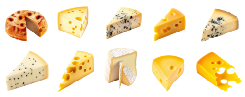 A selection of various cheese types, showcasing different textures and colors, isolated on a transparent background. png