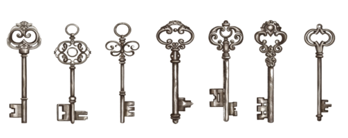 A collection of vintage skeleton keys with intricate designs displayed in a row on a transparent background. png