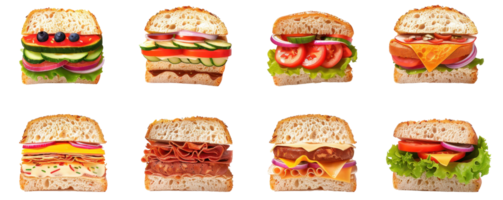 A collection of various delicious sandwiches with fresh ingredients displayed in a row, showcasing a variety of flavors and textures. png