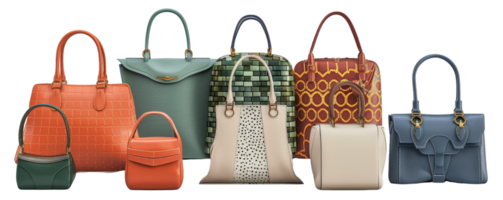 A colorful collection of stylish handbags in various designs, perfect for adding flair to any outfit, displayed against a transparent background. png