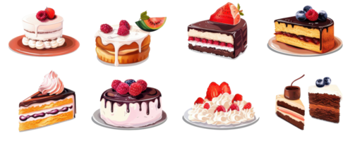 A delightful assortment of colorful cakes and pastries featuring various flavors and toppings, perfect for dessert enthusiasts. png