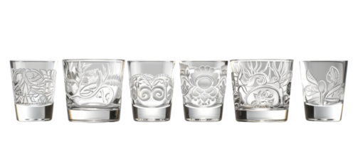 A set of six elegant glass tumblers with intricate white floral patterns, perfect for adding a touch of sophistication to any dining setting. png
