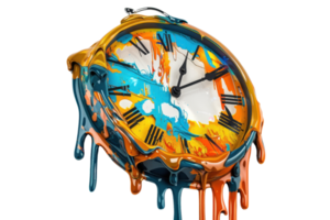 Abstract melting clock with vibrant colors and surreal design, symbolizing the fluidity of time and artistic creativity, isolated on a transparent background. png
