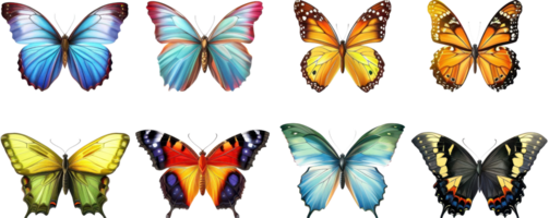 A vibrant collection of eight different colorful butterfly illustrations, showcasing various patterns and shades. png