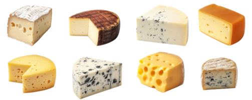 A variety of different cheese types on a transparent background. showcasing various textures and colors, ideal for culinary and food-related projects. png