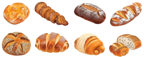 Assorted freshly baked bread and pastries set against a transparent background. showcasing a variety of shapes and toppings. png