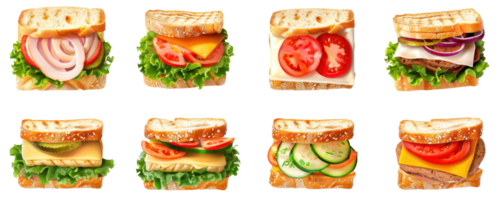 An assortment of delicious sandwiches with various fillings including lettuce, cheese, tomatoes, and onions on toasted bread. png